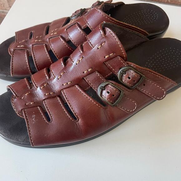 SAS Tango Slide Wedge Sandal Size 9.5 Brown Leather Comfort Slip On Peep Toe - Picture 4 of 7